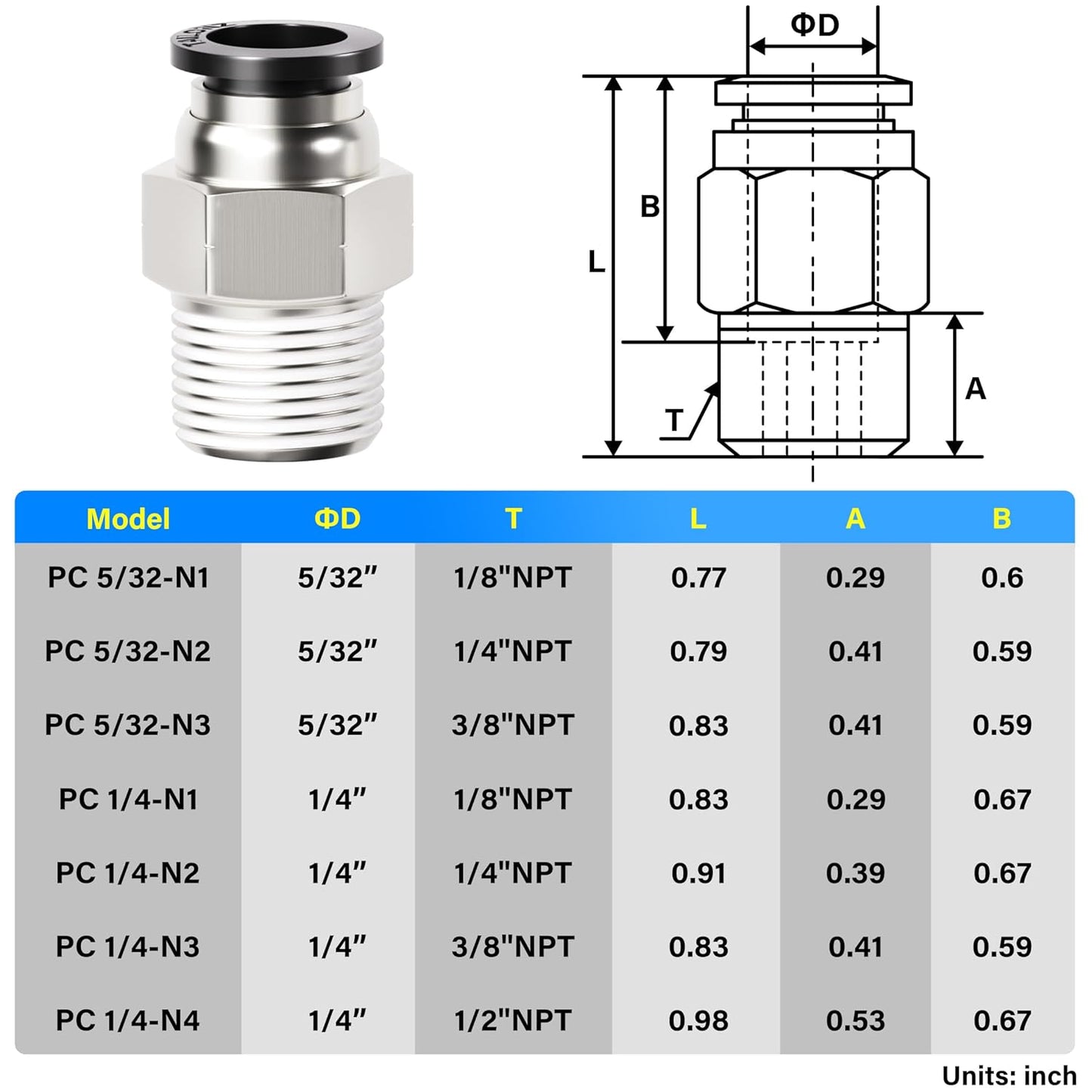 TAILONZ PNEUMATIC Elbow and Straight Combination 5/32 Inch Tube OD x 1/8 Inch NPT Thread Push to Connect Fittings PC-5/32-N1+PL-5/32-N1(Pack of 12)
