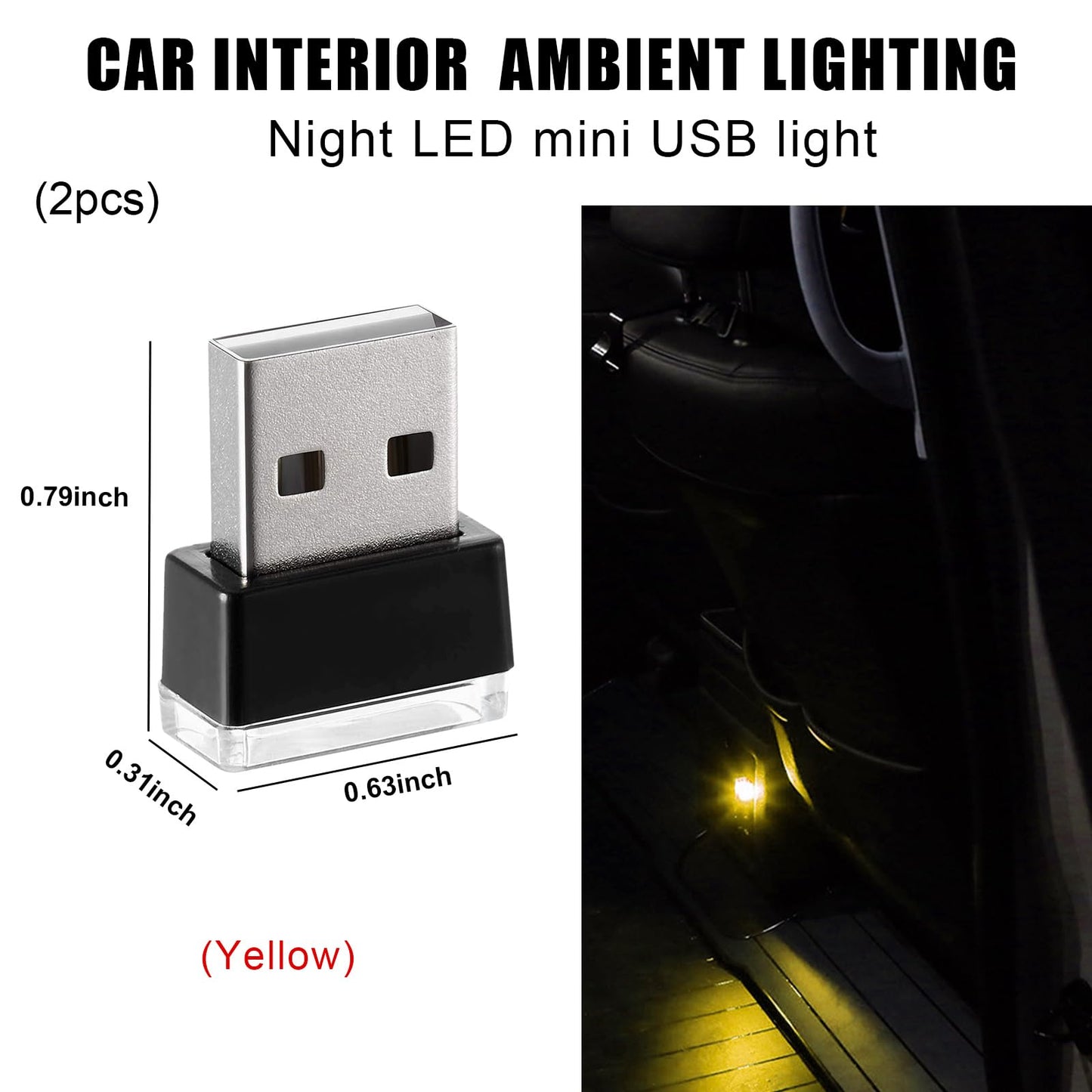 Sylvil 2 Pcs Usb Led Car Interior Atmosphere Lamp  Portable Mini Led Night Light  Plug-In Usb Interface Trunk Ambient Lighting Kit  Universal Interior Car Accessories (Yellow)