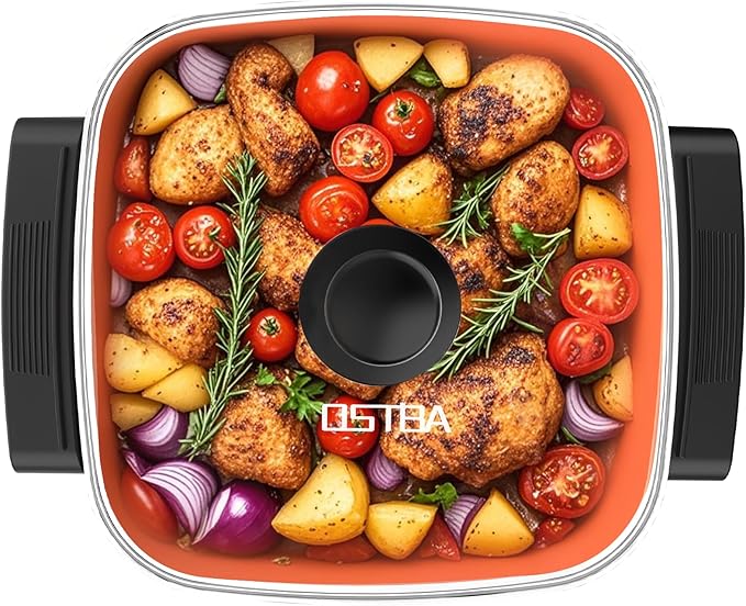 OSTBA Electric Skillet and Frying Pan with Glass Lid, 12"x12" Copper Nonstick Electric Pan for Cooking, 1500W Power, Cool Touch Handles, Adjustable Temperature, PTFE & PFOA Free