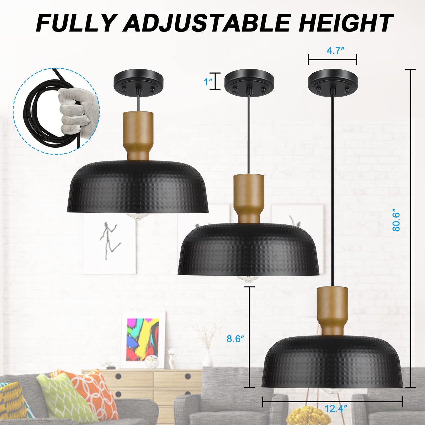 Darkaway Industrial Pendant Light Fixtures Ceiling Hanging With Hammered Metal Shade  Black Pendant Light For Kitchen Island Lighting Hanging Lamp Adjustable Height  Medium 2 Pack