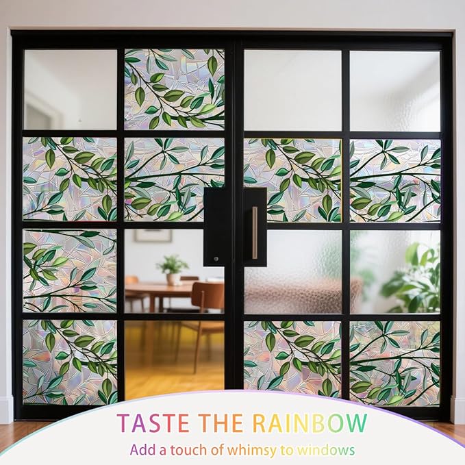 Leaf Stained Glass Window Film Static Cling with Tools - 23.6 x 78.7 Inch Non-Adhesive Privacy Decorative Rainbow Film for Windows, Doors, Sidelights - Easy Install & Remove