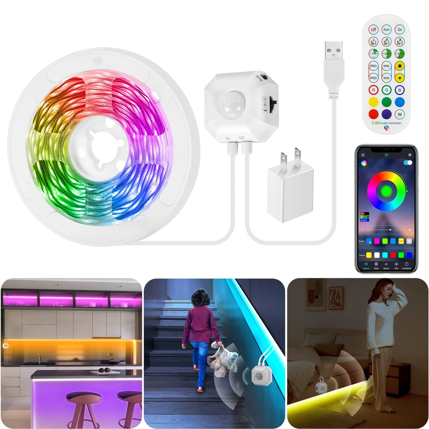 Houhui Rgb Led Strip Lights 9.8Ft - Motion Sensor, Usb Powered, App Control, Smd5050