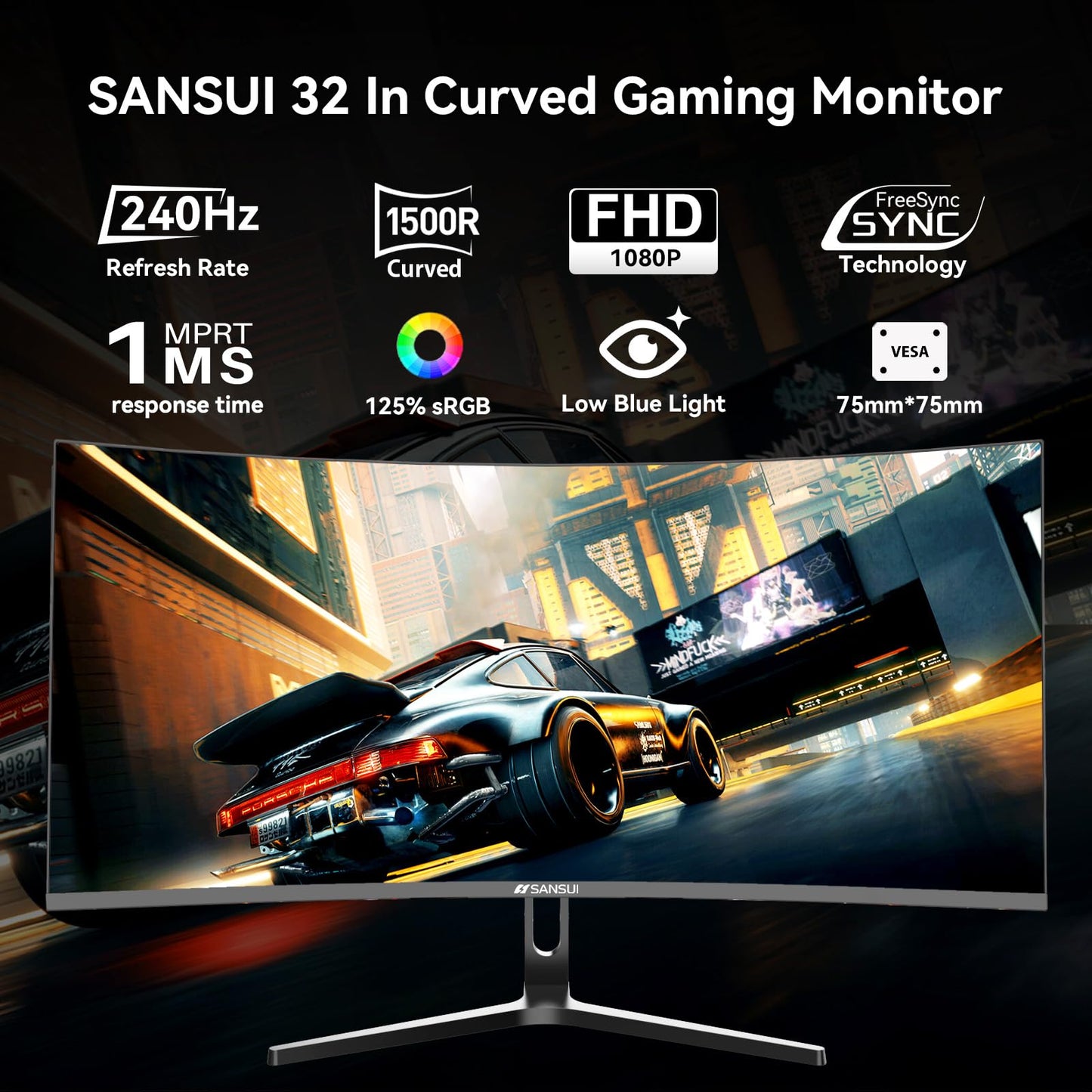 SANSUI 32 Inch Curved 240Hz Gaming Monitor High Refresh Rate, FHD 1080P Gaming PC Monitor HDMI DP1.4, Curved 1500R, 1Ms MPRT, HDR,Metal Stand,VESA Compatible (ES-G32C3F DP Cable Incl.)