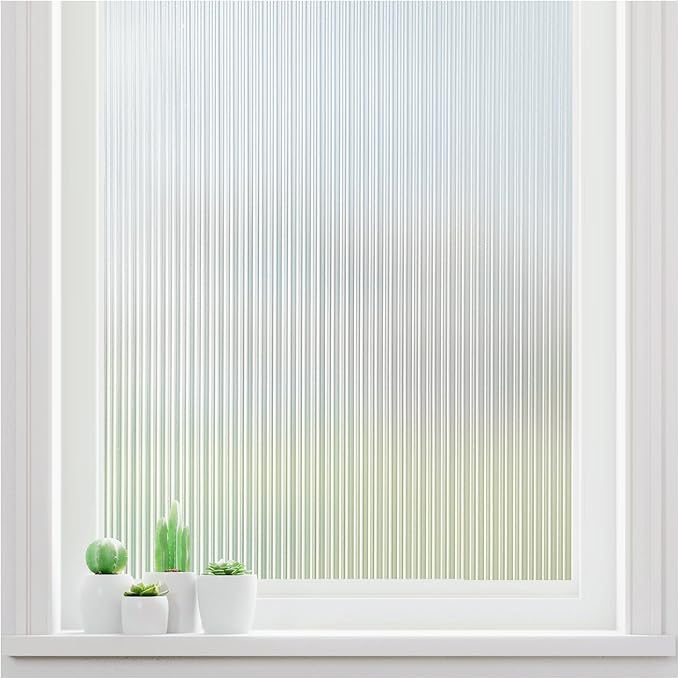 Haton Reeded Glass Window Privacy Film, Frosted Glass Window Film, Static Cling UV Blocking Stickers, Decorative Removable Cover for Bathroom Door Office, Non Adhesive 17.5" x 157.4"