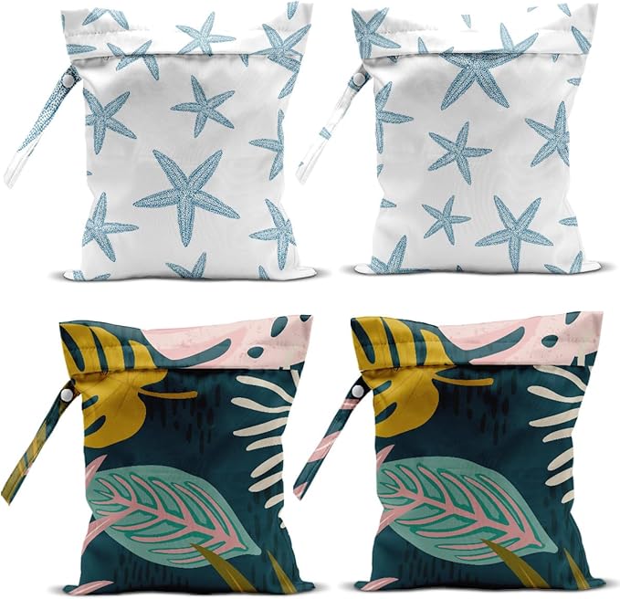 4 Pack Wet Bag for Swimsuit, Beach Travel Essentials Wet Dry Bag, for Sunscreen Toiletry Dirty Clothes Yoga Gym Diaper, Friend Summer Beach Vacation Gifts. Starfish, Palm leaves