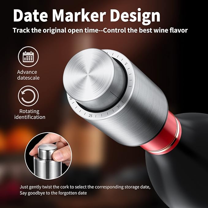 [2 PACK]Wine Bottle Stoppers，2-in-1 Vacuum Wine Stopper，1 Stainless Steel (Silver) and 1 ABS(Black) Wine Savers, Reusable Wine Preserver, Vacuum Pump Corks Keep Wine Fresh, Best Gift Accessories.