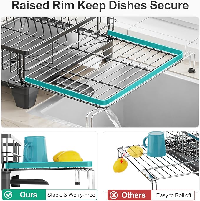 GSlife Extendable Dish Drying Rack - Large 2-in-1 Dish Racks for Kitchen Counter or Over Sink, Anti-Rust Dish Drainer with Pan Slots and Utensil Holder, 13.4"-22.4" L x 16.7" W, Black