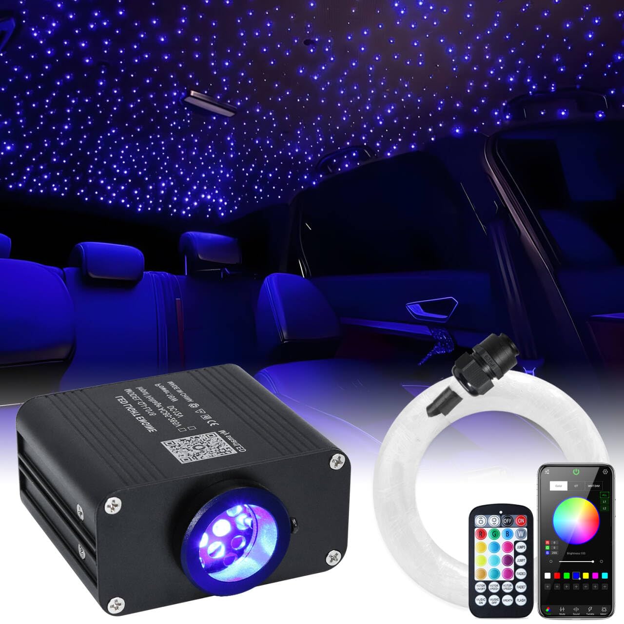WEBUPAR Starlight Headliner Kit, RGBW Fiber Optic Lights, 600pcs 0.03in 13.1ft, Bluetooth & Remote Control, Multicolor
