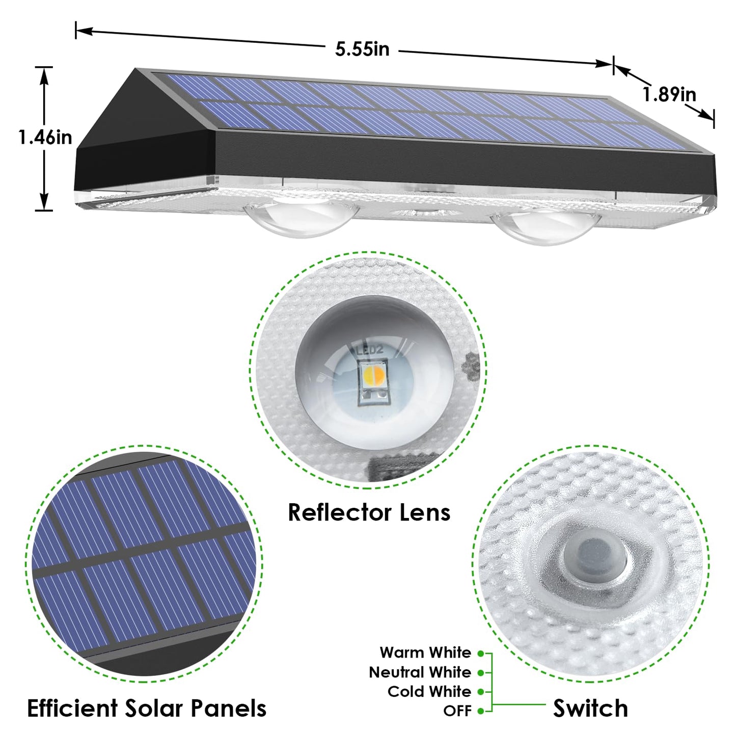 LIANGLOME Solar Fence Lights - Waterproof LED, 3000/4000/6000K, IP65, 12 Pack, Plastic, Model 2301-12PK-CC