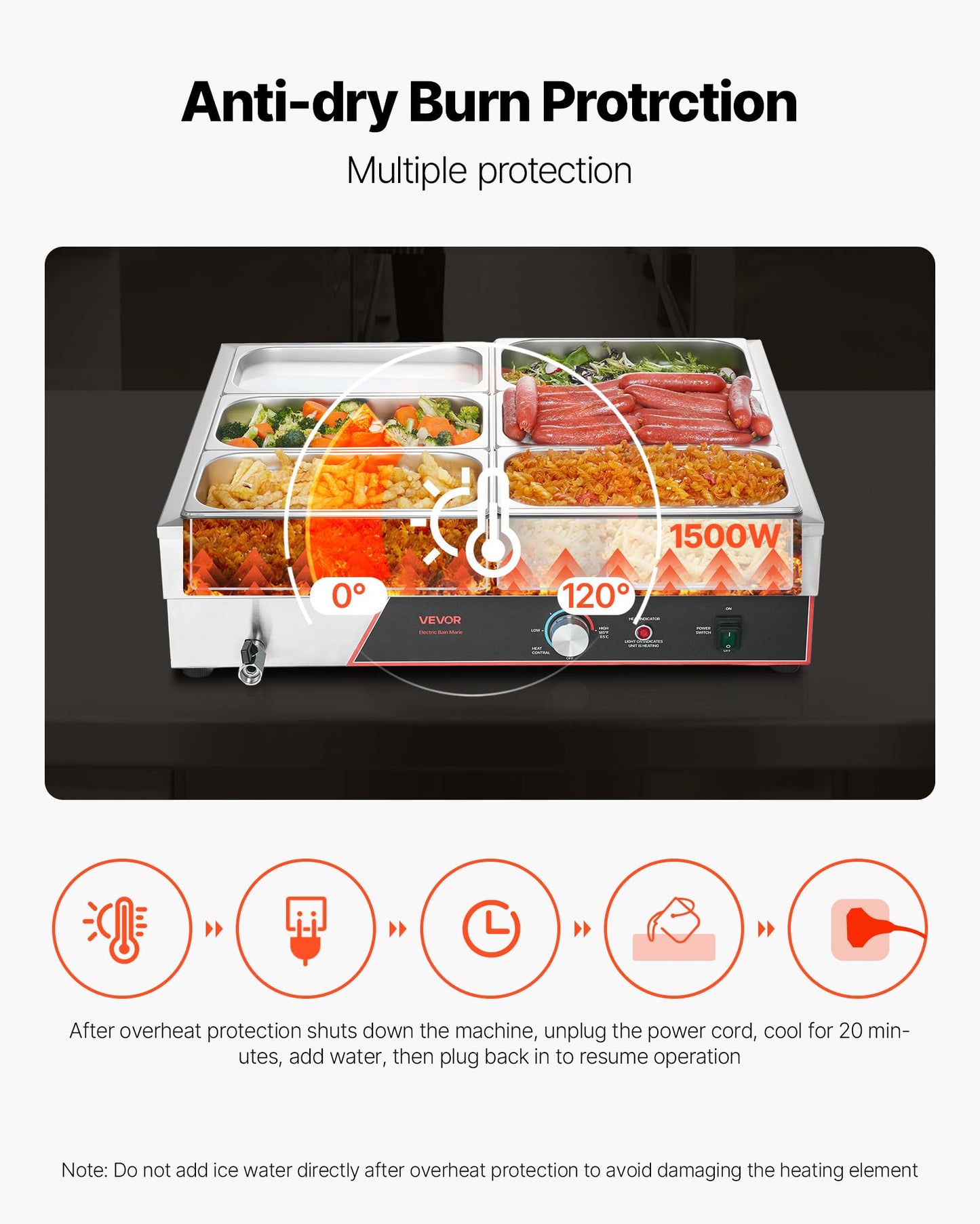 VEVOR Commercial Food Warmer, 1500W Electric Stainless Steel Steam Food Warming with Lid, 6-Pan Fast Heating Countertop Buffet Bain Marie with Power Cord, for Catering, Restaurant, Party & Buffets