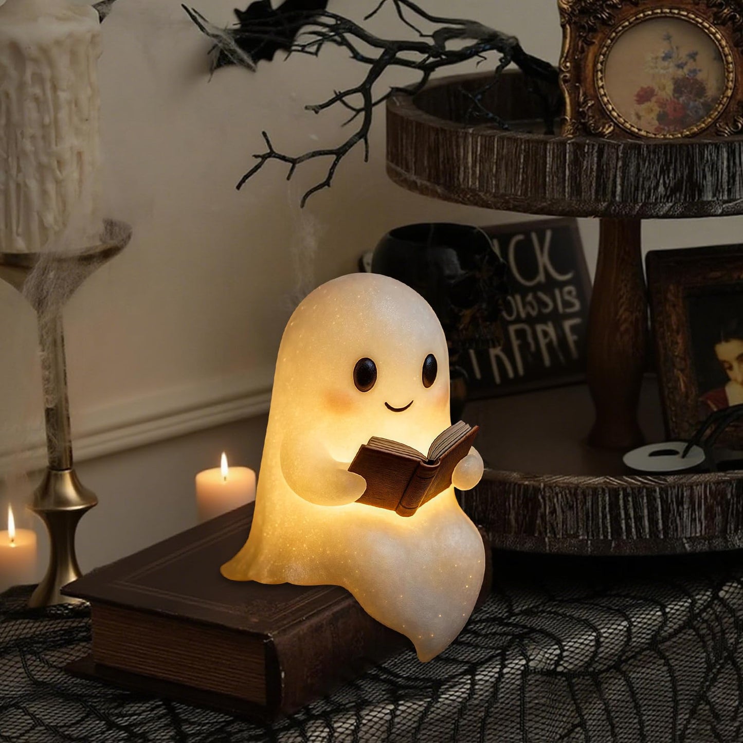 Qetrabone Halloween Ghost Reading Book Lamp  Funny Ghost Figurine Statue  Halloween Decoration For Gift Props Tabletop Bookshelf Home Decor
