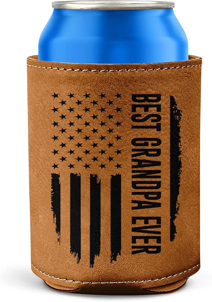 Best Grandpa Ever Gifts - Christmas, Birthday Gift For Grandpa From Granddaughter, Grandson, Kids - 12Oz Fit Collapsible Leather Beer Can Cooler Holder