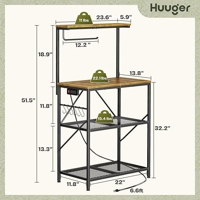 Huuger 4-Tier Bakers Rack with Reversible Power Outlet, 23.6 Inch Microwave Stand with Paper Towel Holder, Kitchen Bar, Larger Storage with Top Shelf, 6 S Hooks, Rustic Brown