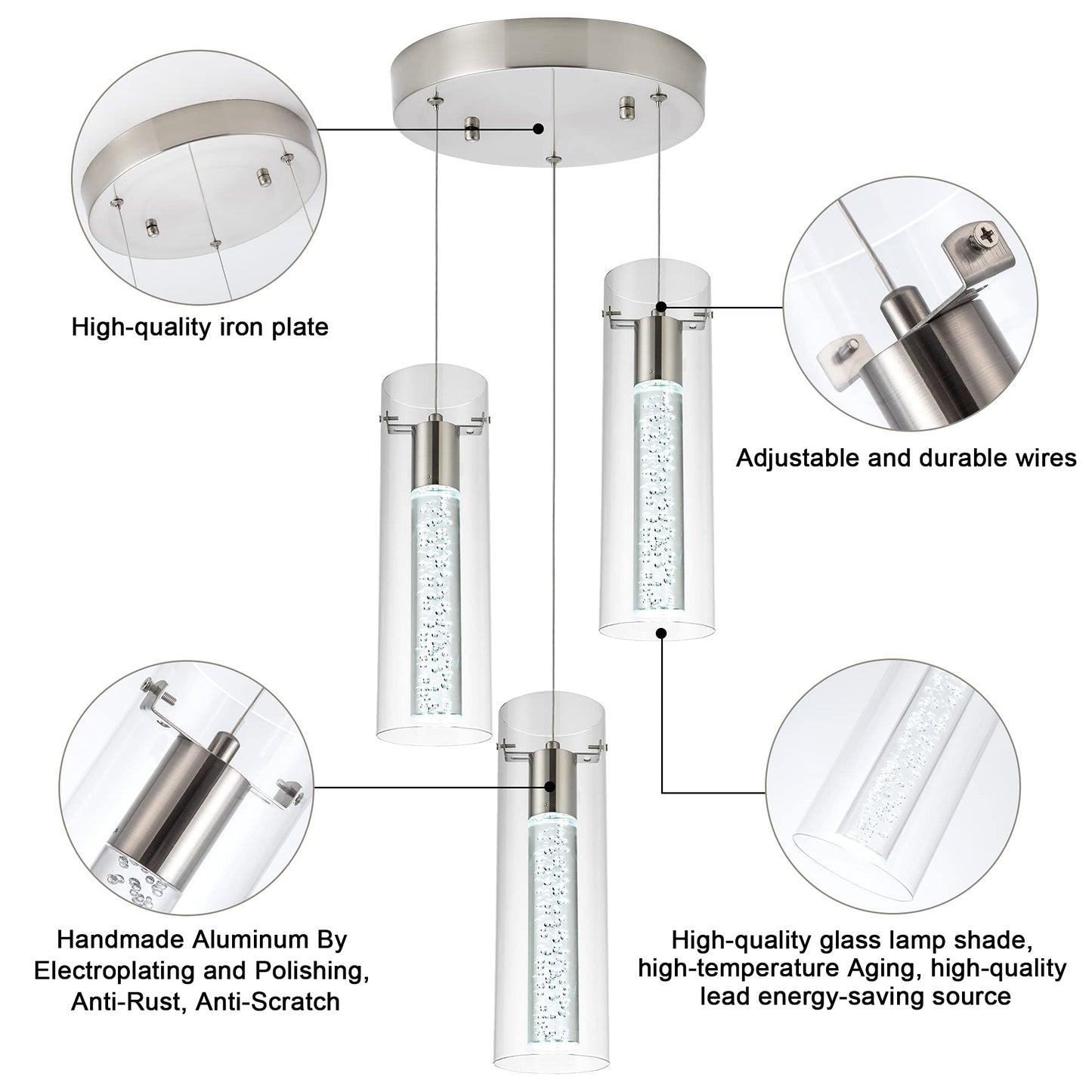 Votag Kitchen Lighting Pendant Fixtures 3-Light Led Pendant Ceiling Fixture Brushed Nickel Bubble Cylinder Pendant Light With Adjustable Length For Kitchen Island Dinning Room Bedroom