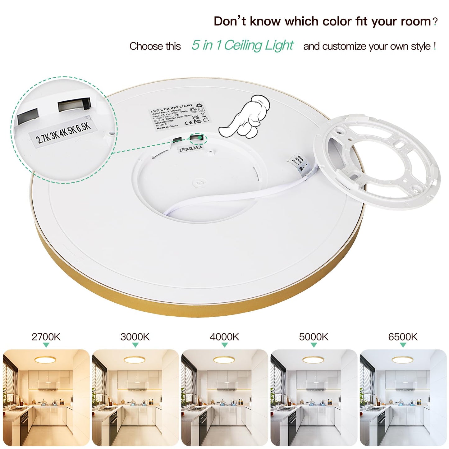 Brightever Gold Led Flush Mount Ceiling Light Fixture  12 Inch 24W  Super Slim 0.67 Inch 3200Lm Led Ceiling Lights  Dimmable & 2700K-6500K 5 Color In One Ceiling Lamp For Bedroom  Porch  2 Packs