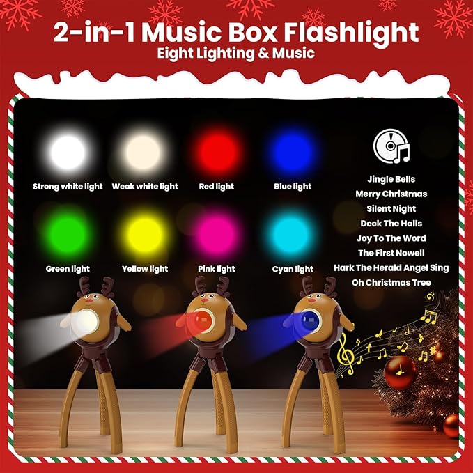 TOLYS Reindeer Kids Flashlight – Rechargeable LED Torch with 8 Songs, USB-C, Fun Flashlight for Boys & Girls, Perfect for Parties, Camping & Outdoor Adventures