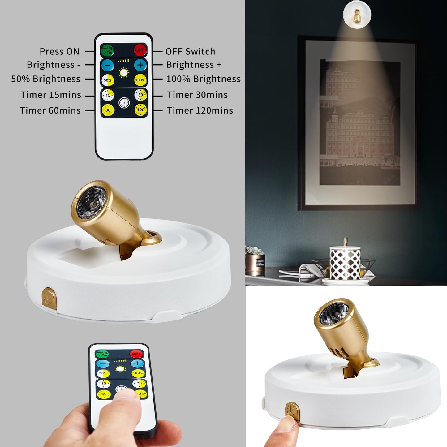 HOFUY 4-Pack LED Spotlight Picture Lights, Wireless, Dimmable, Remote Control, Battery Operated, White-G, Model: Spot-Bj-4