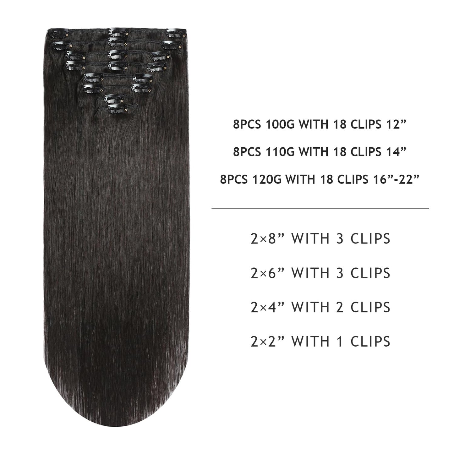 YILITE Off Black Clip in Hair Extensions Real Human Hair 14 Inch 110g 8pcs Hair Extensions Real Human Hair Natural Silky Double