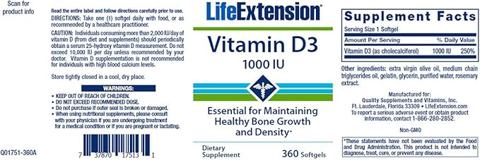Life Extension Vitamin D3 25 mcg (1000 IU), Immune System Support, Bone Health, Whole-Body Health, Value Size, Gluten-Free, Non-GMO – Two Pack - 2 x 250 Softgels