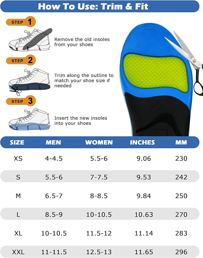 Plantar Fasciitis Insoles Men Women 220+ lbs Heavy Duty Support High Arch Orthotics Inserts for Flat Feet Work Boot Shoes Insoles,Trim to Fit,2 Pair(Men 11-11.5/Women 12.5-13)