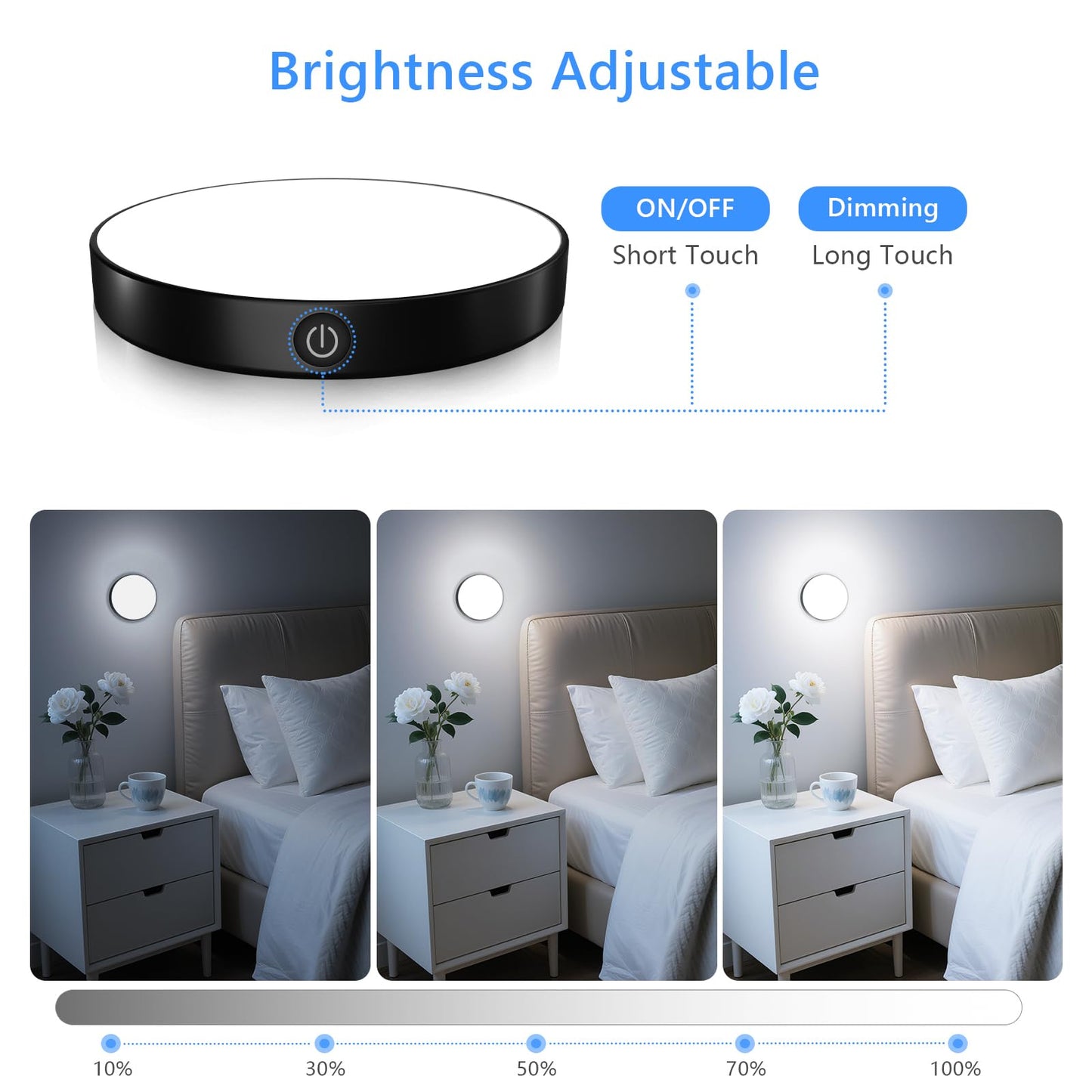 Ferswe Rechargeable Tap Light, Dimmable Touch Light, 6000K, Metal, Black, Model F-US006, 2 Pack