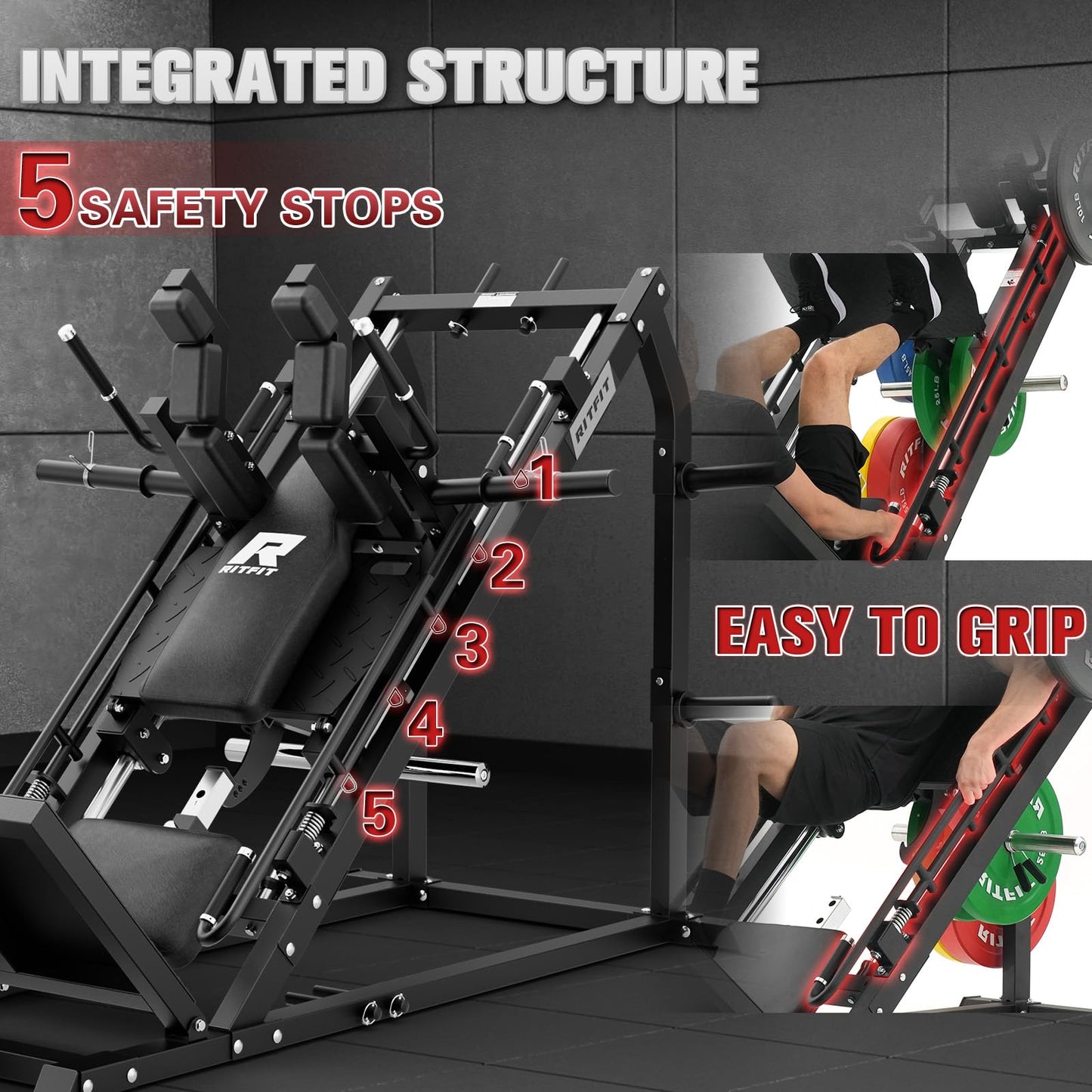 RitFit Gazelle Pro 3 in 1 Leg Press and Hack Squat Machine - High-Tensile Steel Leg Press Machine, 2000lbs Capacity, Adjustable Angles with Weight Storage (Black (with Pull up Band))