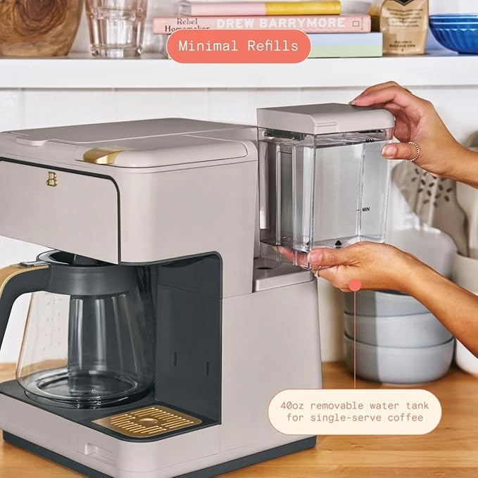 Beautiful Multi-Brew Coffee Maker – 12-Cup Carafe & Single-Serve Pod or Grounds, Iced Coffee Mode, Programmable Touch Display, Includes Filters (Porcini Taupe)