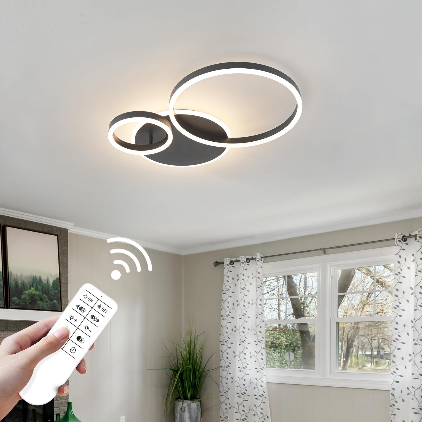 ONEELDY Modern LED Flush Mount Ceiling Light, Dimmable 48W, Adjustable 3000K-6000K, Black Acrylic Fixture for Home