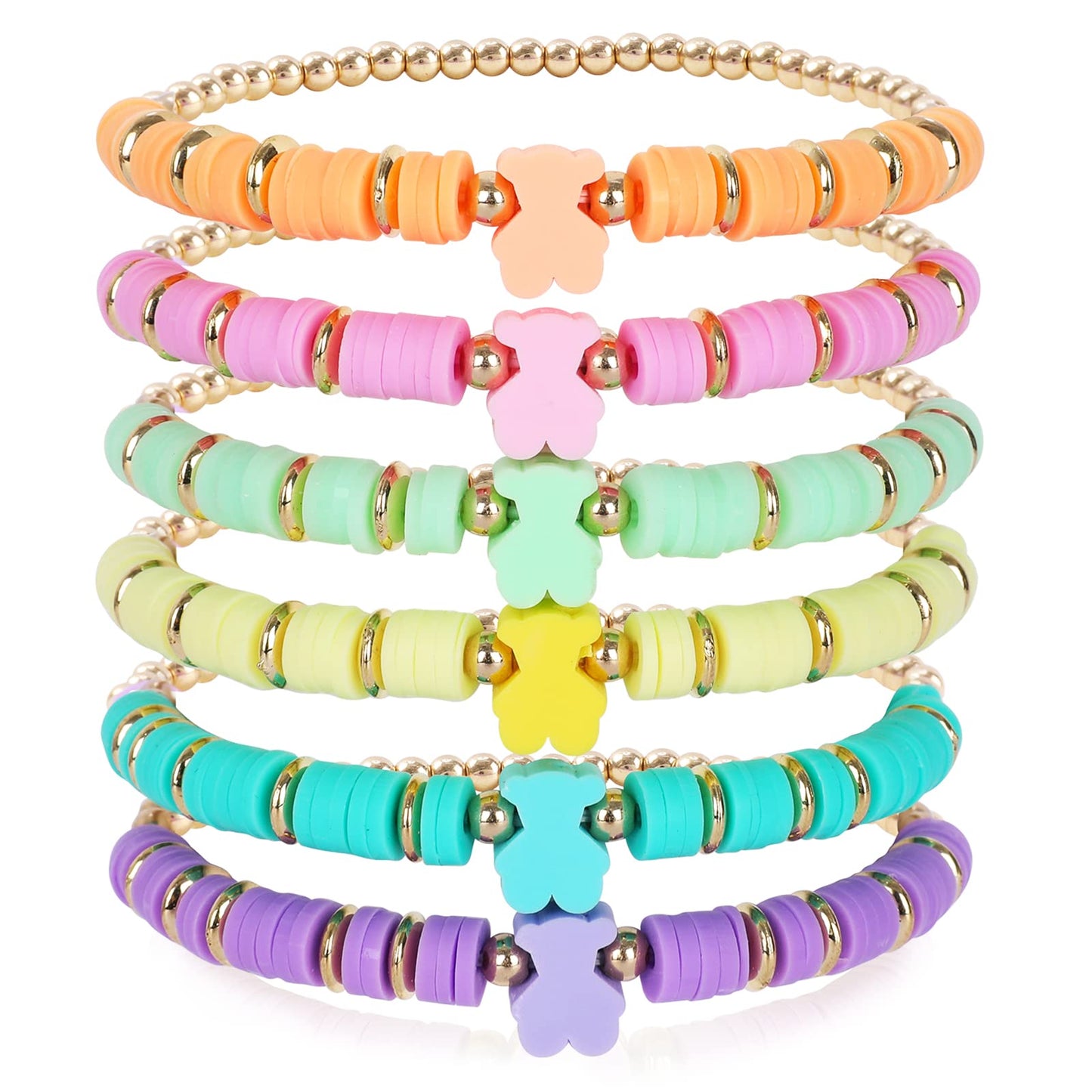 Candy Color Beaded Bracelets for Women - Cute Stackable Clay Bear Friendship Bracelet Set - Colorful Elastic Heishi Surfer Prepp