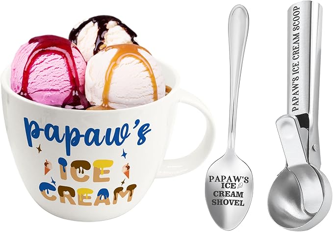 Christmas Papaw Gifts, Gifts for Pawpaw from Grandkids, Pawpaw's Ice Cream Bowl Scoop Shovel Spoon Set, Pawpaw’s Ice Cream Birthday Grandparents Day Gift for Him Man