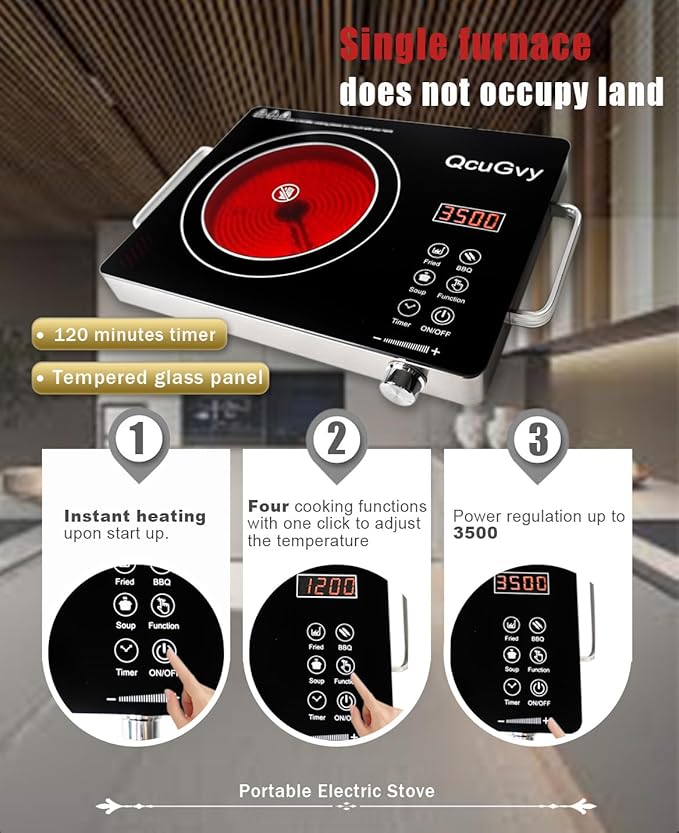Portable Infrared Burner 3500 Electri Burner with 3 Hours Timer-Electric Hot Plate Touch Control Panel Adjustable Heating Power Glass Plate Electric Cooktop for Cooking (Black)