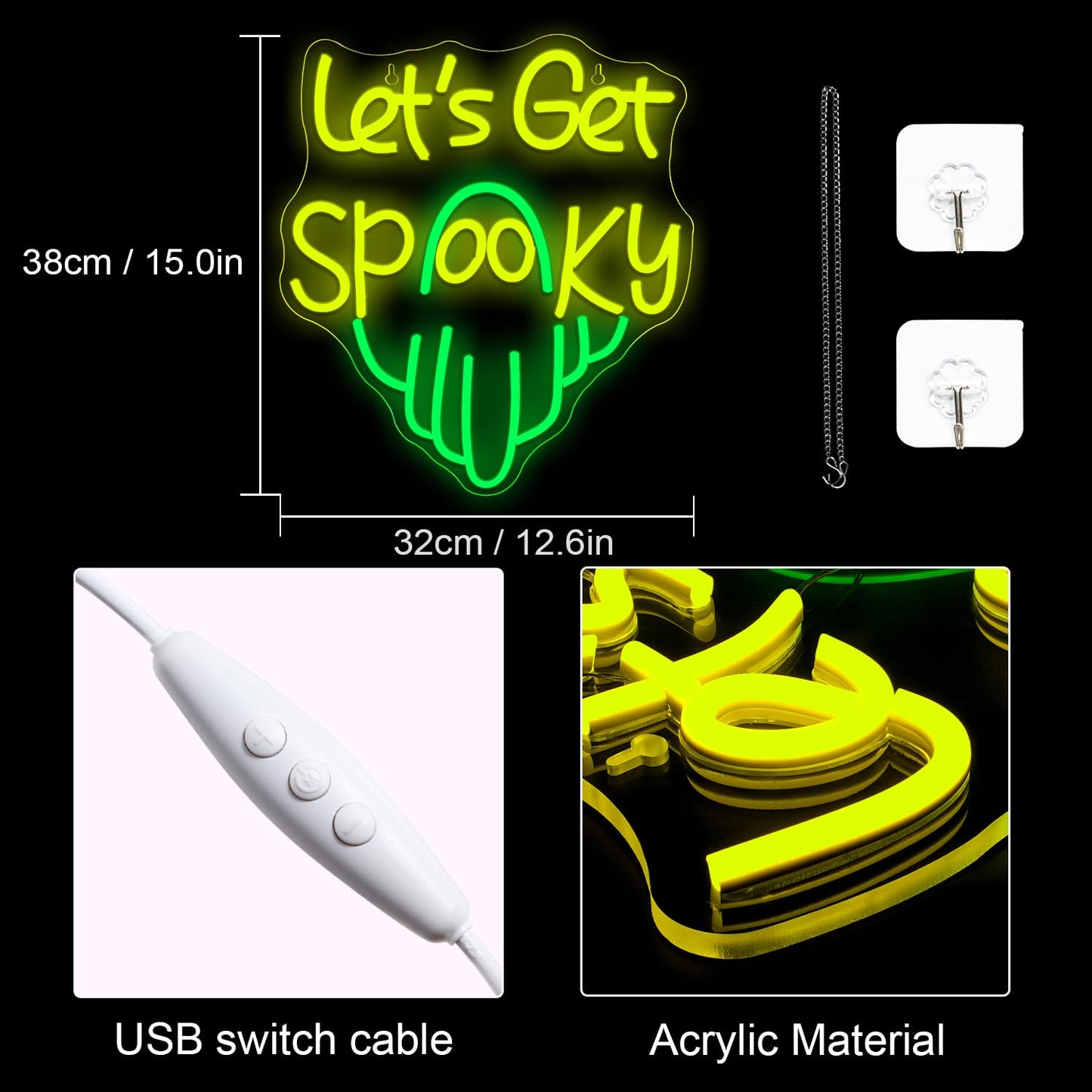 Lucunstar Lets Get Spooky Neon Sign Halloween Neon Signs For Wall Decor Led Lights With Usb Powered Halloween Ghost Wall Decoration For Bedroom Bar Party Man Cave Club Pub Door Gifts