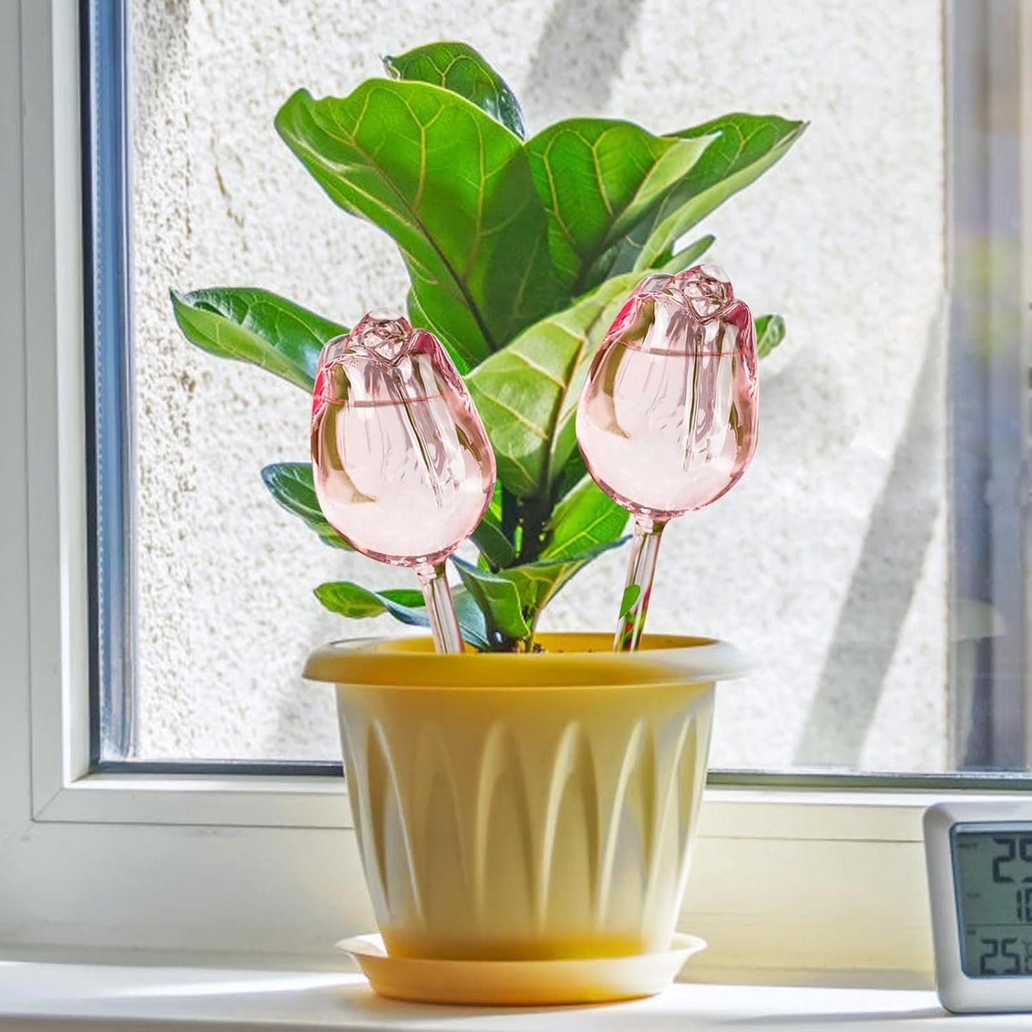 2Pcs Tulips Self Plant Watering Globes, Glass Self Watering Planter Insert, Automatic Plant Waterer Devices Indoor Outdoor (Pink)