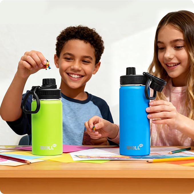 Kids Insulated Water Bottle-16 oz Stainless Steel Vacuum Wide Mouth Sports Flask with Silicone Boot-Reusable Metal Leak Proof Travel Water Bottle for Girls Boys, BPA-Free(Sky Blue)