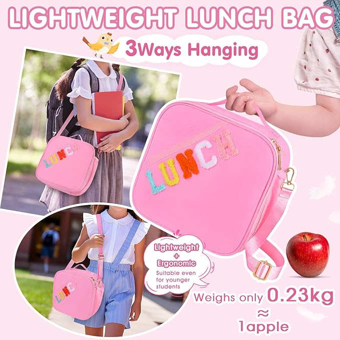 Lunch Bag Kids,Insulated Lunch Bag With Adjustable Shoulder Strap,Reusable Lunch Bag for Kids, Girls,Boys, lunch Bag Women,Preppy Lunch Box for School,Travel, Picnic (pink)