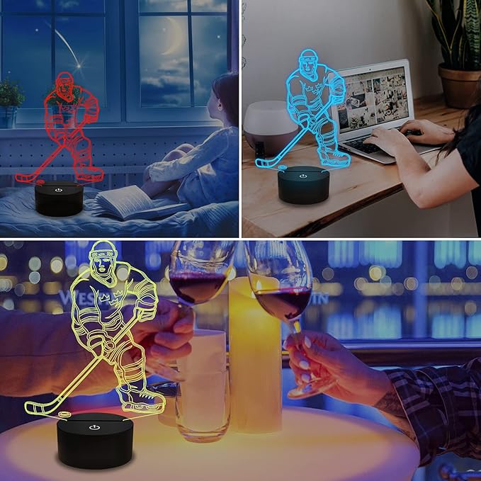 FULLOSUN 3D Night Lights Ice Hockey Athlete 3D Illusion Bedside Lamp 16 Colors Changing with Remote Control Best Birthday Gifts for Men Women