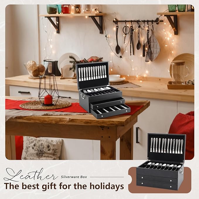 Leather Silverware Storage Box Flatware Storage Case with Felt Lined Leather Flatware Chest Silverware Organizer with Lid for Tableware Utensils Silver(3 Layer)