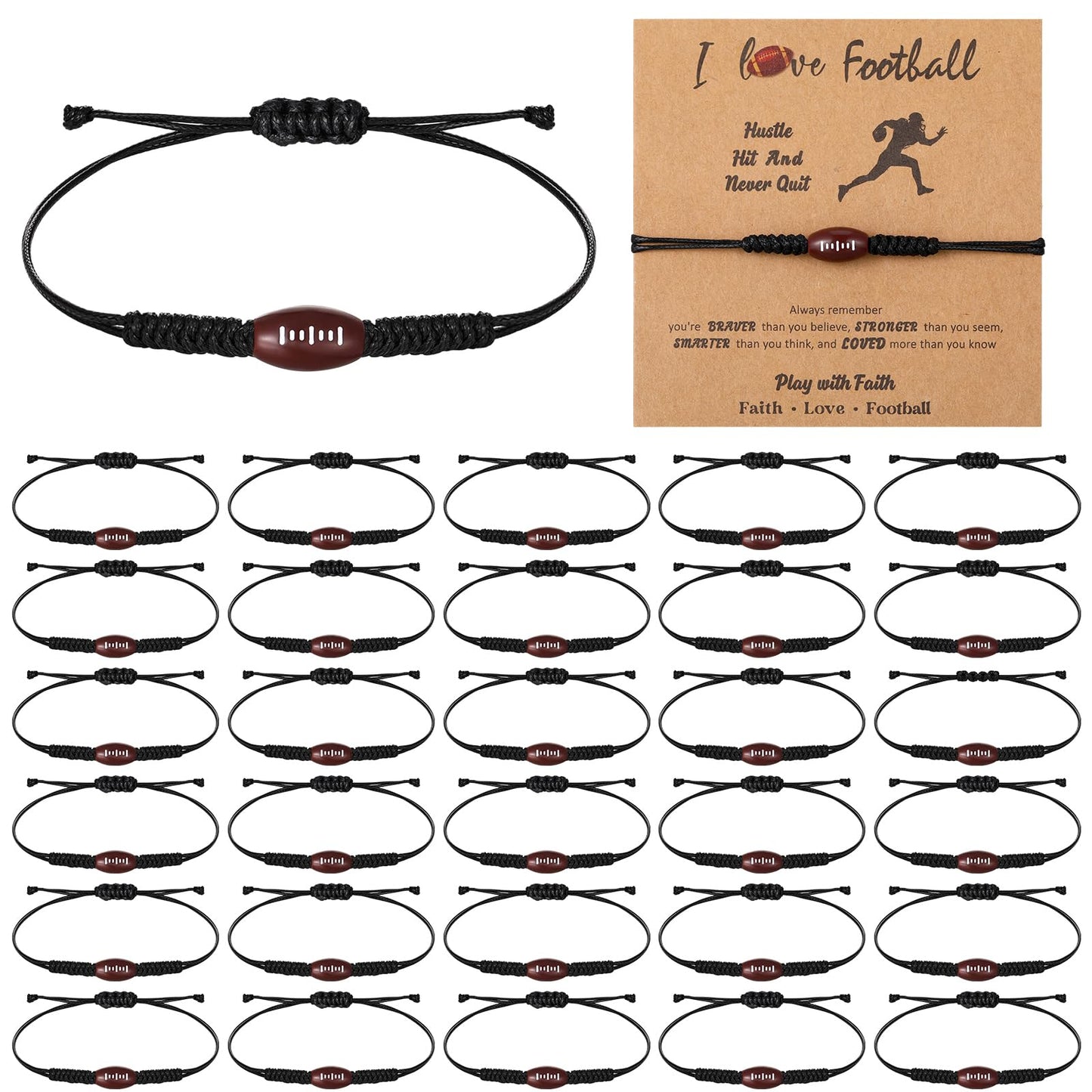 Huquary Sports Party Favors Bracelets Set - 30 Adjustable Bead Bracelets & Inspirational Cards for Football Lovers, Black/Red, Model HEL1787