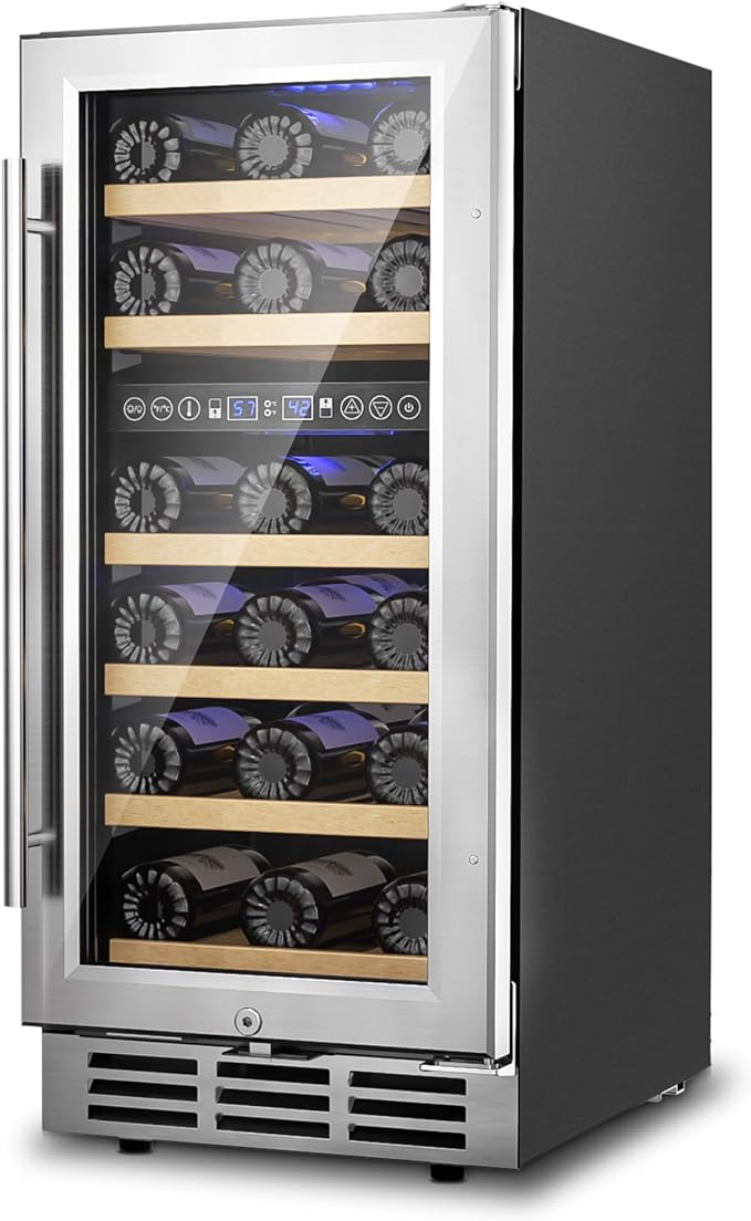 15 Inch Dual Zone Wine Fridge, 28 Bottles Under Counter Wine Refrigerator, with Removable Shelves, Double-Layer Glass Door, Wine Cooler for Built-In or Freestanding, for Home/Commercial