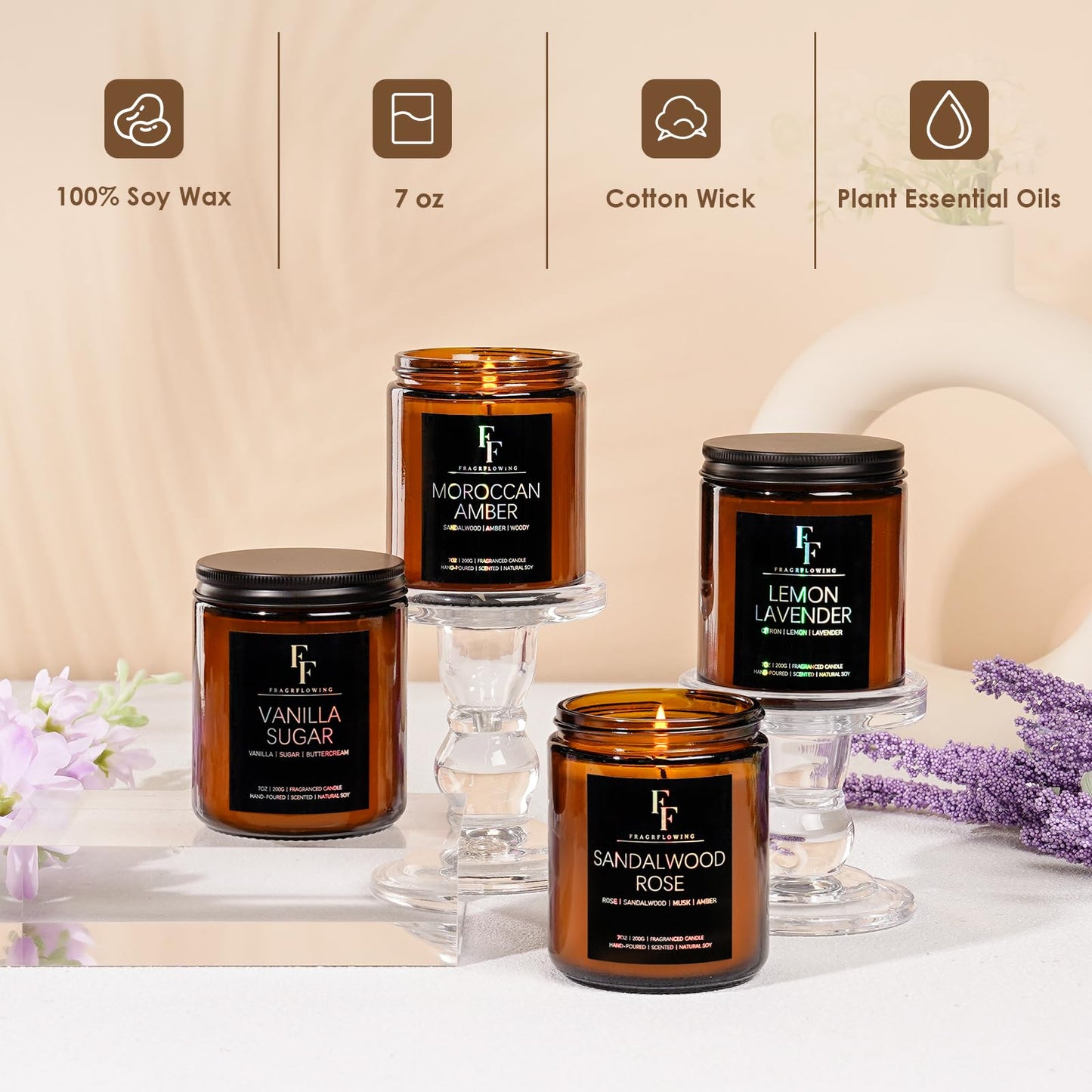 Scented Candles for Home Scented Aromatherapy Candles, 4 Pack 28 Oz Soy Wax Candle Gift Set for Women Men (Lemon Lavender/Vanilla Sugar/Sandalwood Rose/Moroccan Amber)