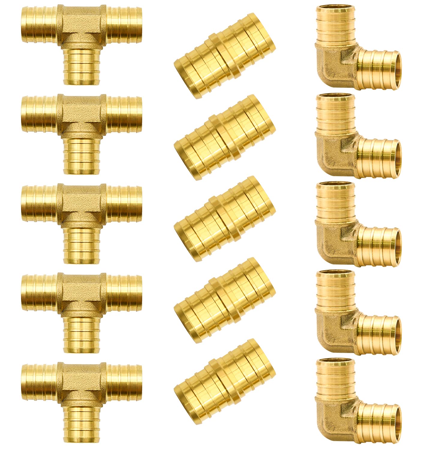 15pcs 3/4" PEX Fittings, Elbow TEE Straight Couplings Set, PEX Brass Crimp Fitting Combo with Tees, Elbows, Straights