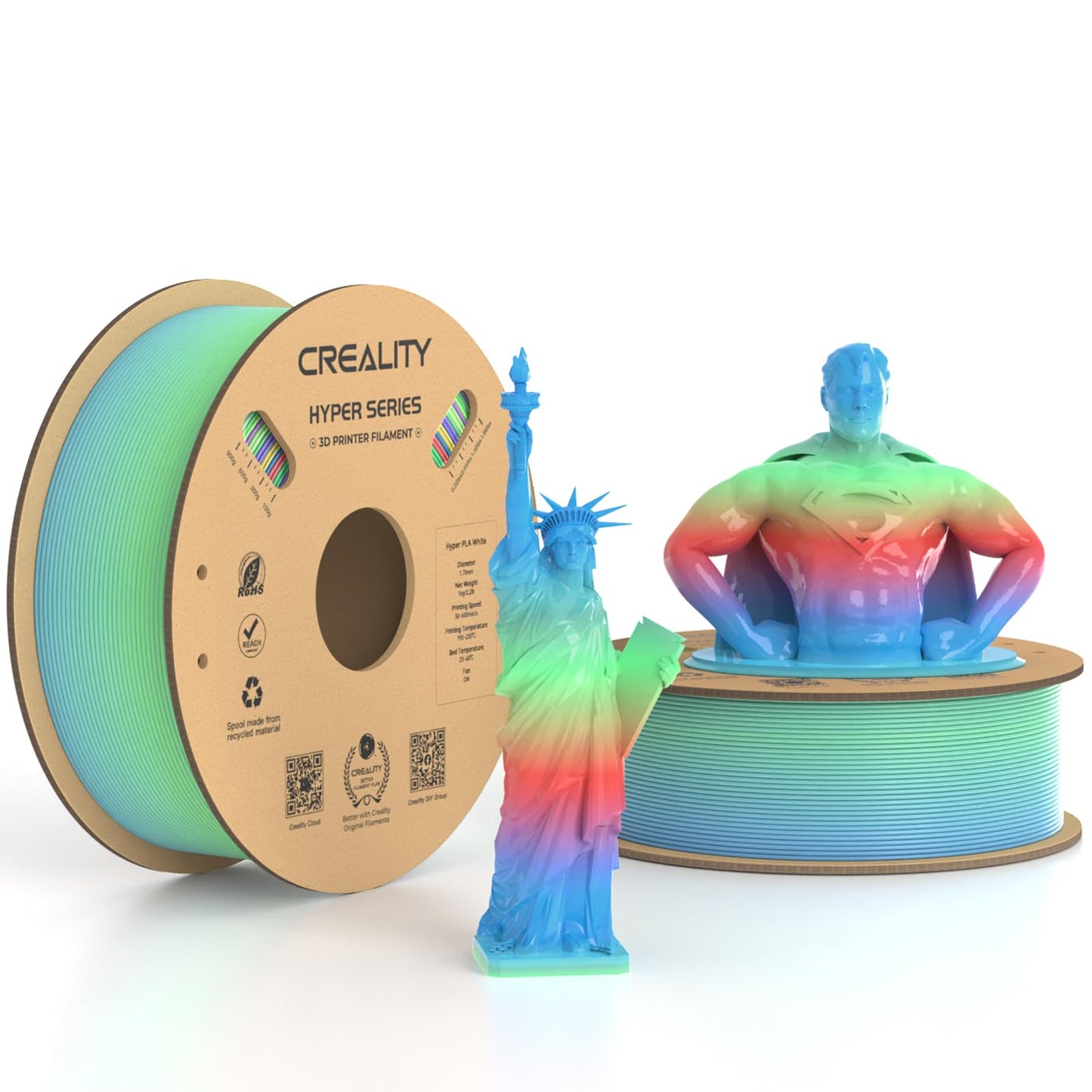 Official Creality Hyper PLA Filament 1.75mm Rainbow 2KG, 30-600mm/s High Speed PLA 3D Printer Filament, 2 Pack 1kg Spool(2.2lbs)