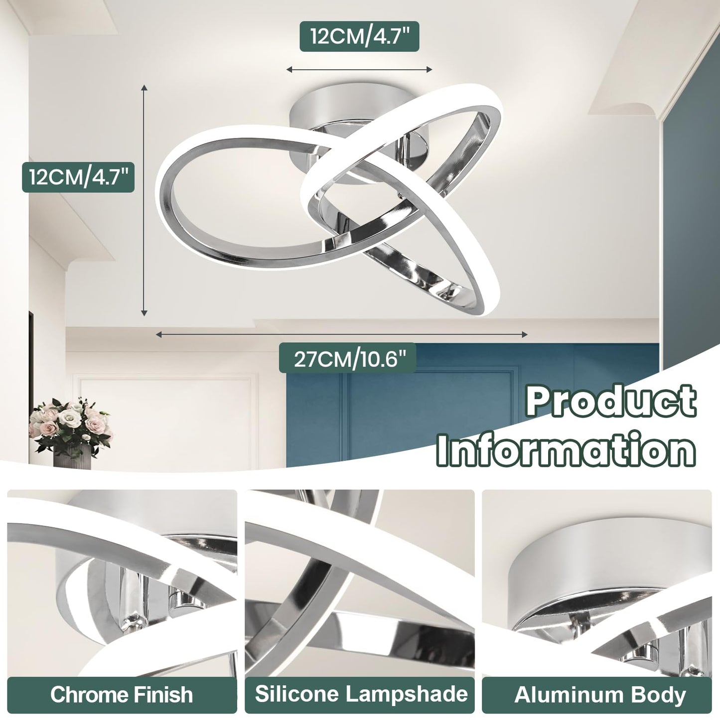 CANEOE Modern LED Ceiling Light Fixtures, 4500K Daylight White, Aluminum, Chrome, Model GDD-MHCH-N, Perfect for Hallway, Bedroom, Kitchen