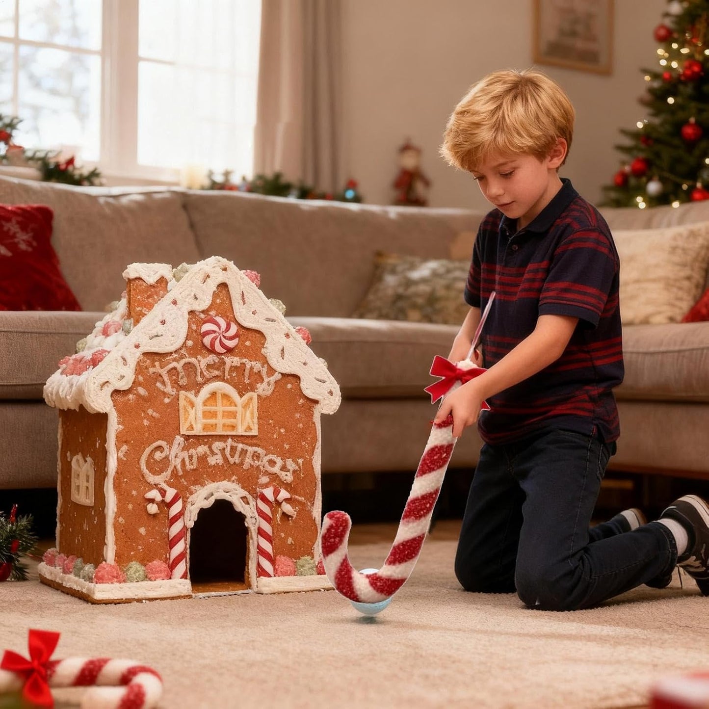 Gingerbread Golf Game Set, Christmas Mini-Golf Course,Portable Mini Golf Course Set,Christmas Indoor Golf Toy with Candy Cane Clubs and Gingerbread House Target (6PCS Ball)