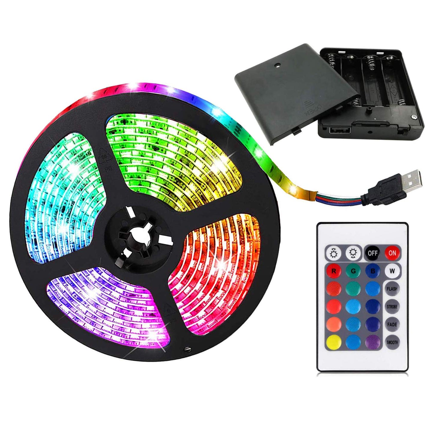 Baoyuteda Battery Powered LED Strip Lights, 5050 RGB, 2M/6.6FT, 60 LEDs, Flexible Color Changing, White