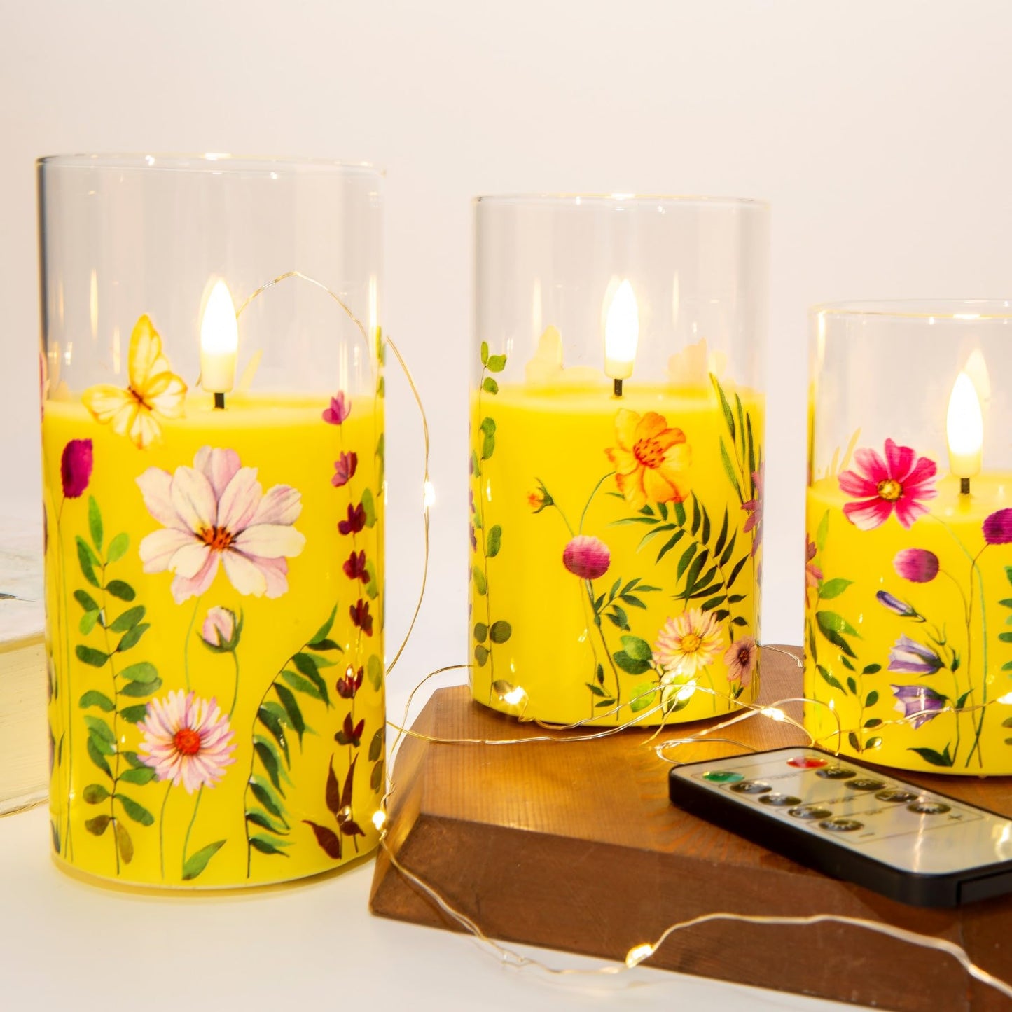 Eywamage Yellow Cosmos Floral Flameless Candles in Glass Jars, Flickering Battery LED Pillar Candles with Remote Set of 3