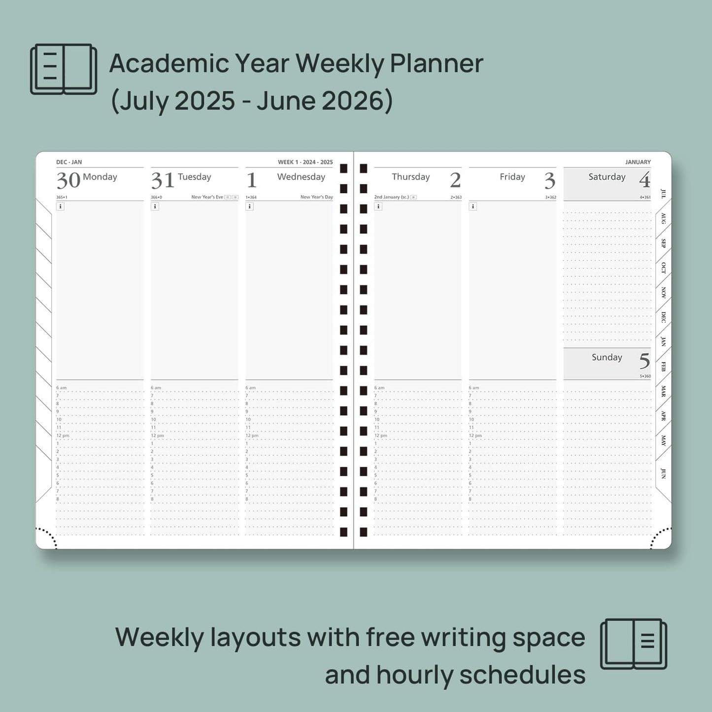 POPRUN Academic Planner 2025-2026 (July 2025-June 2026), Daily Weekly and Monthly Appointment Book (Wirebound Hard Cover - 10'' x 8'') with Hourly Time Slots, Tabs, 100 GSM - Pacific Green
