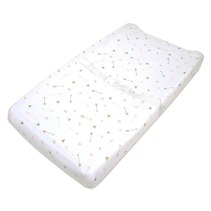 American Baby Company 2 Pack Printed 100% Cotton Knit Fitted Contoured Changing Table Pad Cover - Compatible with Mika Micky Bassinet, Sparkle Gold/Pink Feathers/Arrows, for Boys and Girls