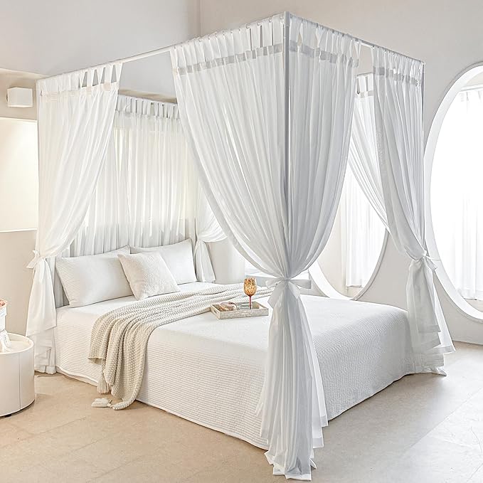 AIKASY Canopy Bed Board with Top and Self-Adhesive Velcro Strips, White Gauze Princess Bed Canopy Curtain Tent, Creating a Romantic Atmosphere in The Room（King/California King，White）