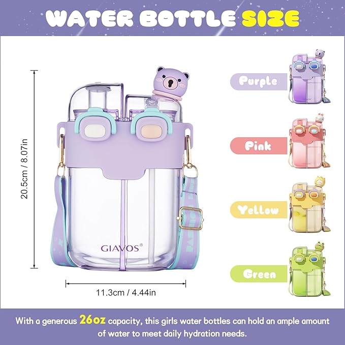 Cute Water Bottle for Kids: 26oz Kawaii Water Bottle for Girls, Funny Bear Water Bottles with Straw and Strap, Dual Compartments Leak-proof Plastic Drinking Cup for School Sport Travel (Green)